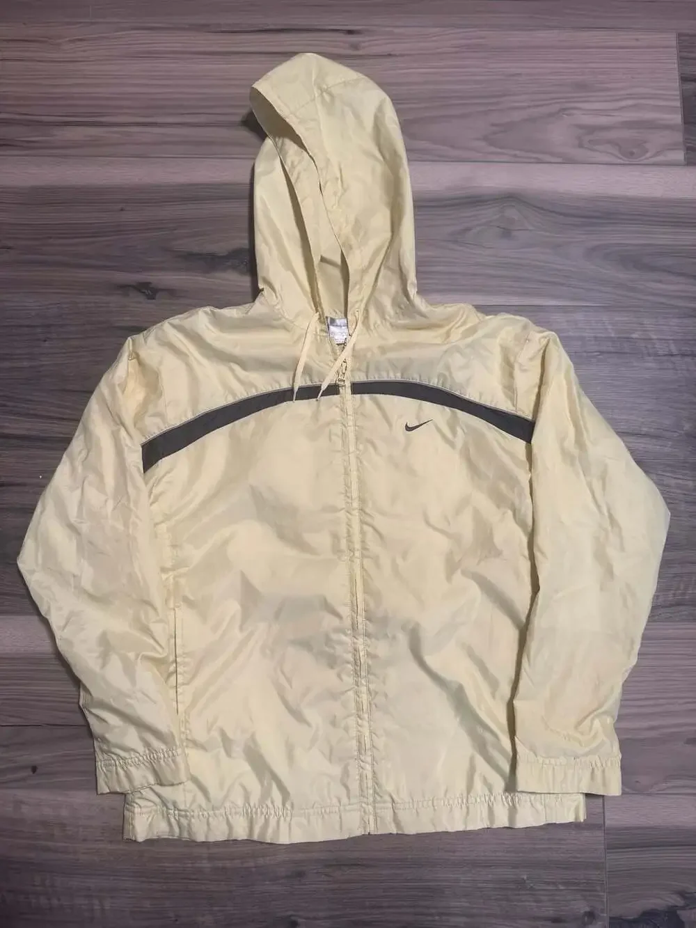 Vintage Nike Women's Yellow Full Zip Hooded Windbreaker Jacket with Dark Stripe